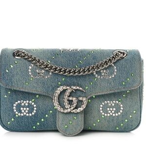 Gucci Denim Crystal Applique Small GG Marmont Shoulder Bag Blue